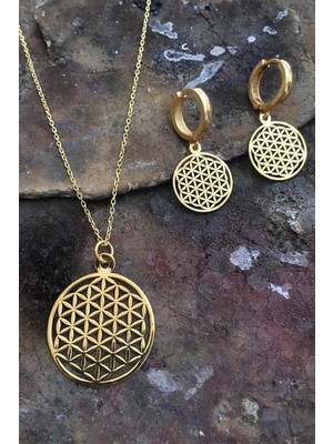 Kadın 925 Ayar Gümüş Altın Kaplama Yaşam Çiçeği Kolye ve Küpe Seti