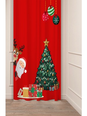 Greendecor Yılbaşı Çam Ağacı Noel Ağacı Kar Yeni Yıl Christmas Desenli Özel Tasarımlı Dijital Baskılı Fon Perde