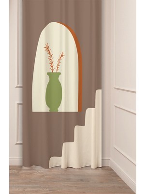 Greendecor Vazo Bohem Yaprak Geometrik Desen Desenli Özel Tasarım Dijital Baskılı (Tek Kanat) Şık Fon Perde