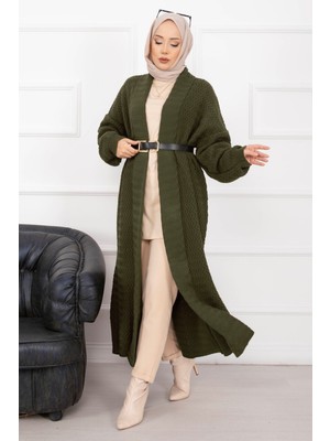 RAF Mina Şal Yaka Uzun Triko Hırka Haki