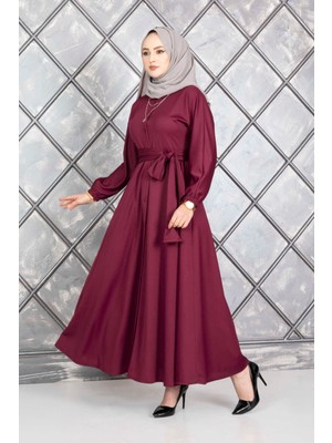 Md Boydan Düğmeli Kuşaklı Tesettür Elbise Bordo