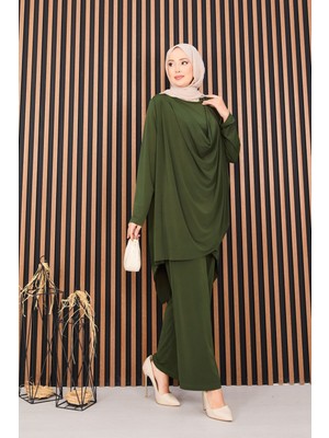 Ozk Degaje Dökümlü Sandy Tesettür İkili Takım Haki
