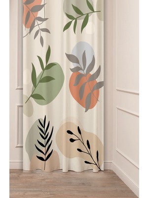 Greendecor Yaprak Bohem Minimalist Bej Krem Desenli Özel Tasarım Dijital Baskılı (Tek Kanat) Modern Fon Perde