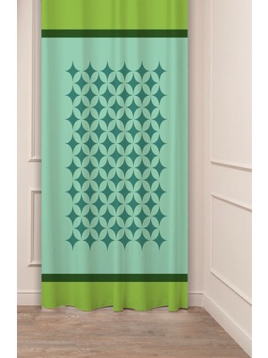 Greendecor Geometrik Çizgi Sade Soft Kare Desenli Özel Tasarım Dijital Baskılı (Tek Kanat) Yeşil Bej Fon Perde