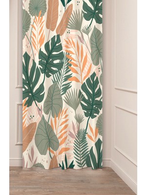 Greendecor Yaprak Yeşil Bej Minimalist Desenli Bohem Özel Tasarım Dijital Baskılı (Tek Kanat) Şık Fon Perde