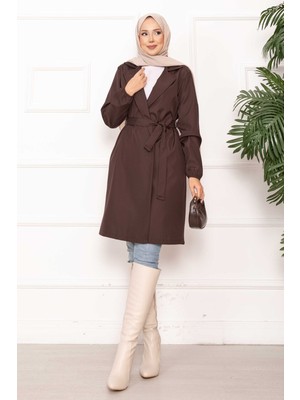 Md Kruvaze Yaka Kuşaklı Relax Trençkot Kahve