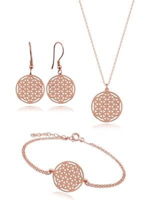 Kadın 925 Ayar Gümüş Yaşam Çiçeği Kolye Küpe ve Bileklik Seti