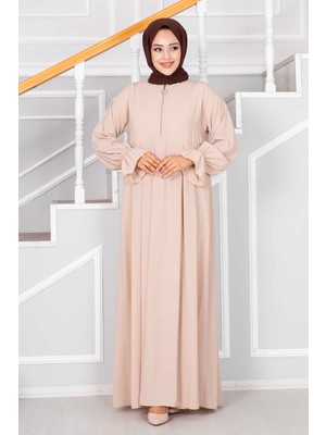 Md Yarım Fermuarlı Tesettür Elbise Taş