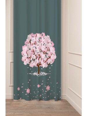 Greendecor Ağaç Çiçek Pembe Yeşil Doğa Desenli Özel Tasarım Dijital Baskılı (Tek Kanat) Modern Şık Fon Perde