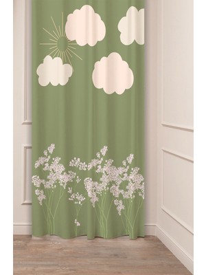 Greendecor Yaprak Güneş Çiçek Bohem Yeşil Doğa Desenli Özel Tasarım Dijital Baskılı (Tek Kanat) Şık Fon Perde