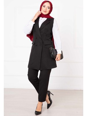 HP Mendil Yaka Uzun Yelek Takım Siyah