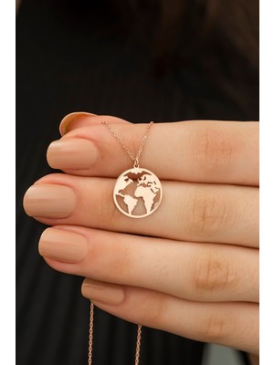 Kadın 925 Ayar Gümüş Dünya Haritası Kolye