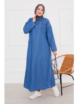 Md Yarım Düğmeli Cepli Tesettür Kot Elbise Mavi