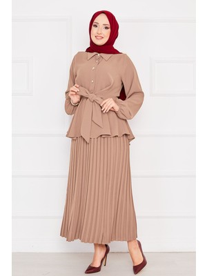 Md Kendinden Kuşaklı Piliseli Tesettür Takım Vizon