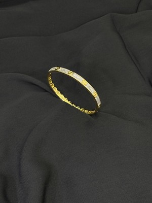 14K Gold Renk Kaplama cm Zirkon Cartier Vidalı Kelepçe Bileklik