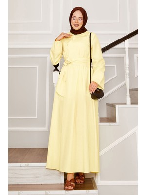EFL Seyyar Kuşaklı Gömlek Yakalı Elbise Açık sarı