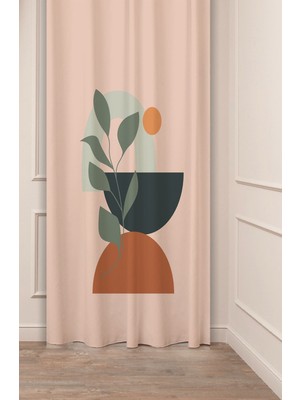Greendecor Bohem Yaprak Geometrik Çizgi Sade Bej Desenli Özel Tasarım Dijital Baskılı (Tek Kanat) Şık Fon Perde