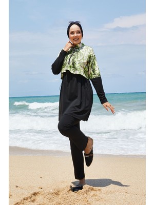 Md Yarım Fermuarlı Palmiye Desen Tesettür Mayo Yeşil