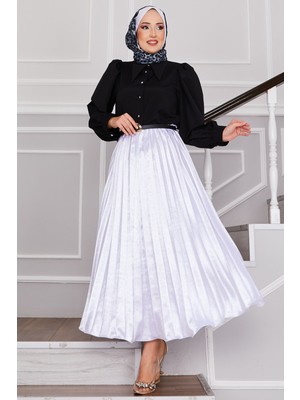 Md Saten Serpme Taşlı Piliseli Etek Beyaz