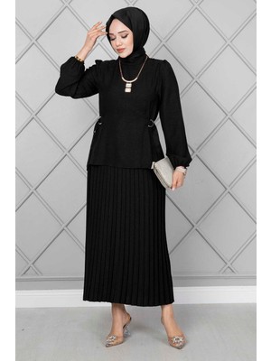 Md Yanları Kemerli Tesettür İkili Takım Siyah