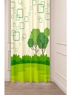 Greendecor Ağaç Yaprak Orman Çizgili Kare Özel Tasarım Desenli Dijital Baskılı (Tek Kanat) Modern Şık Fon Perde
