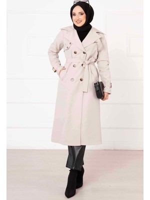 OC Rahat Kalıp Kruvaze Düğme Detaylı Kolları Ayarlanan Trençkot Taş