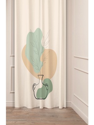 Greendecor Vazo Yaprak Soft Pastel Bohem Desenli Özel Tasarım Dijital Baskılı (Tek Kanat) Bej Krem Fon Perde