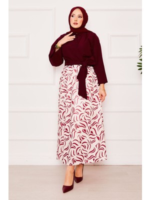 Asm Gömleği Kendinden Kuşaklı Geniş Kol Etekli Takım Bordo