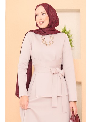 Kç Çapraz Kuşaklı Şık Tesettür Etekli Takım Taş