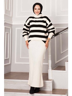 Mo Geniş Çizgili Croplu Elbise Ekru