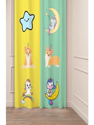 Greendecor Unicorn Köpek Yıldız Özel Tasarım Desenli Dijital Baskılı (Tek Kanat) Çocuk Odası Modern Fon Perde