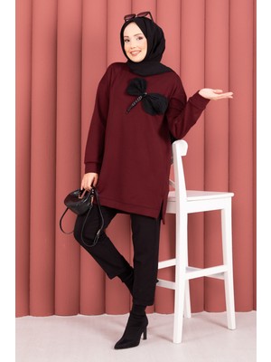 Cvn Fiyonk Detaylı Taş Işlemeli Oyşo Tesettür Tunik Bordo