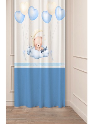 Greendecor Özel Tasarım Ayıcık Yıldız Ay Balon Desenli Dijital Baskılı (Tek Kanat) Çocuk Odası Modern Fon Perde
