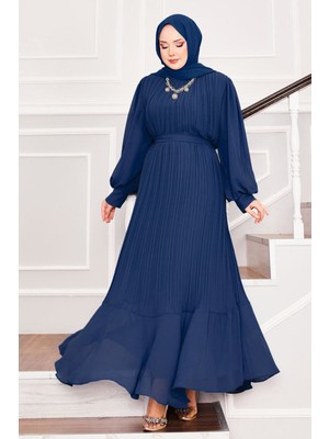Md Kolları Organze Tesettür Abiye Mavi