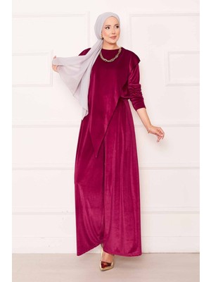 Ozk Önü Asimetrik Detaylı Kadife Takım Şarabi