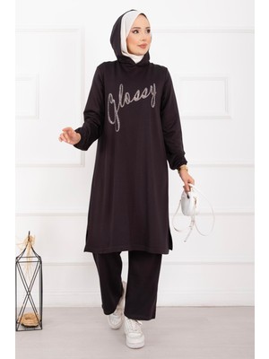 Azr Glossy Taş Detaylı Kapüşonlu Tesettür Takım Füme