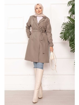 Md Kruvaze Yaka Kuşaklı Relax Trençkot Vizon