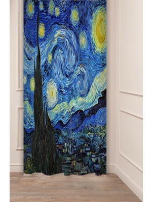 Greendecor Van Gogh Yıldızlı Gece Ünlü Eser Ünlü Tablo Sanat Desenli Dijital Baskılı (Tek Kanat) Şık Fon Perde
