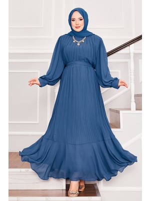 Md Kolları Organze Tesettür Abiye İndigo