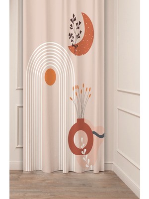 Greendecor Vazo Güneş Ay Yaprak Bohem Desenli Özel Tasarım Dijital Baskılı (Tek Kanat) Bej Krem Şık Fon Perde