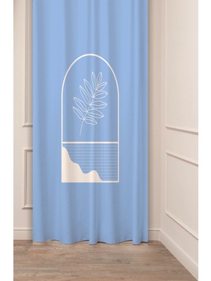 Greendecor Dalga Yaprak Bohem Sade Soft Desenli Özel Tasarım Dijital Baskılı (Tek Kanat) Mavi Beyaz Fon Perde