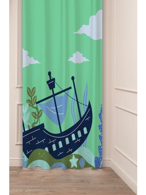 Greendecor Gemi Deniz Korsan Dalga Bulut Doğa Bohem Desenli Özel Tasarım Dijital Baskılı (Tek Kanat) Fon Perde