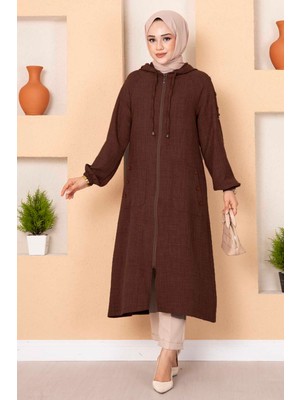 Md Fermuarlı Cepli Uzun Tesettür  Kap Kahve
