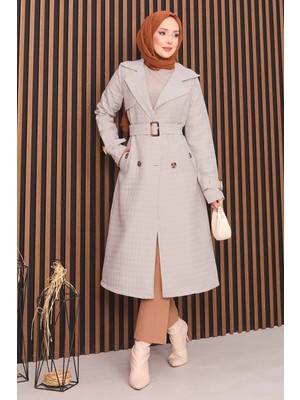 Md Kruvaze Yaka Kemerli Tesettür Kapitone Trençkot Taş