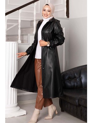 Frh Kapüşonlu Deri Kap Siyah