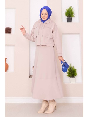 Md Fermuarlı Kapüşonlu Crop Etek Tesettür Takım Bej