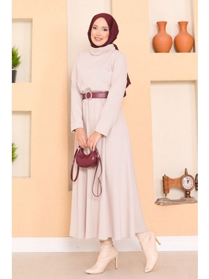 Md Balıkçı Yaka Beli Büzgülü Tesettür Elbise Bej