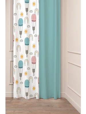 Greendecor Gökkuşağı Balon Ay Güneş Özel Tasarım Desenli Dijital Baskılı (Tek Kanat) Çocuk Oda Şık Fon Perde