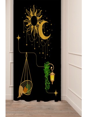 Greendecor Bohem Ay Güneş Yıldız Nur Yaprak Salıncak Lambo Dijital Baskılı Özel Tasarım (Tek Kanat) Fon Perde