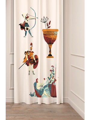 Greendecor Yunan Mitolojisi Şimşek At Gemi Antik Desenli Özel Tasarım Dijital Baskılı (Tek Kanat) Şık Fon Perde